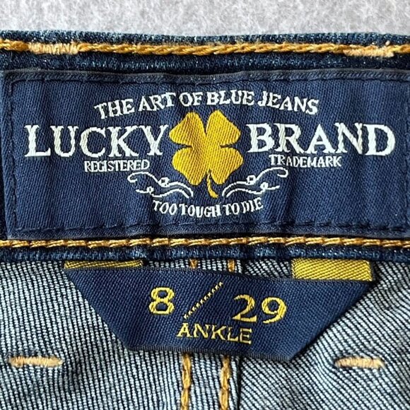 Lucky Brand Women's Jeans Size 8 Ankle Length Flare Leg Dark Wash Leather Patch - Picture 7 of 15